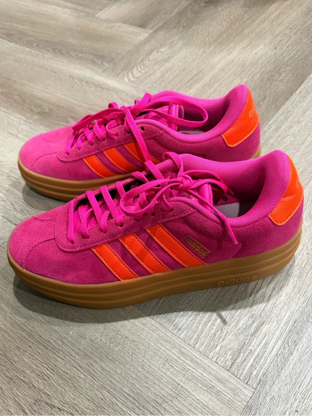 adidas Hot Pink Suede Platform Sneakers with Bright Orange Stripes Size 8